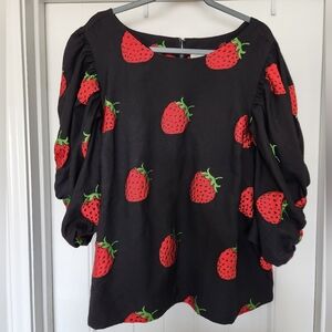 Plus-size Anthropologie Mauve Black Top with Red Strawberry Print